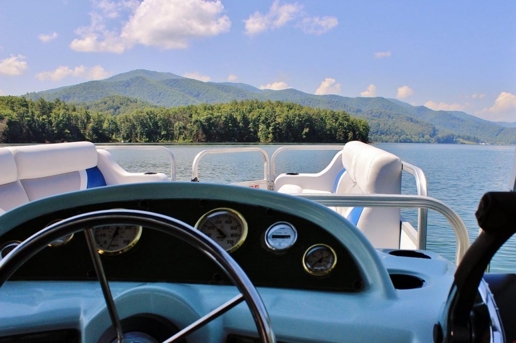 view from steering wheel of a pontoon boat